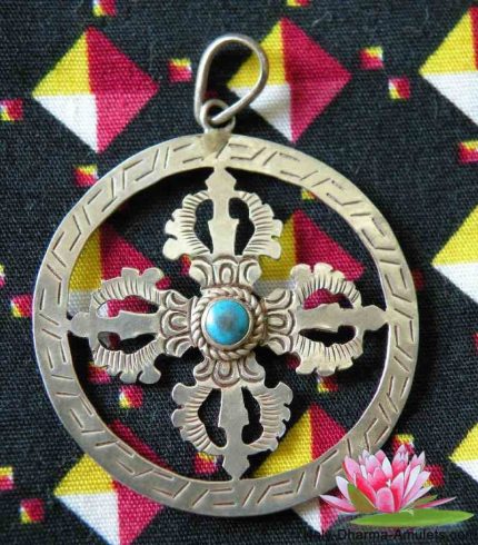 Pendentif double dorje en argent et turquoise